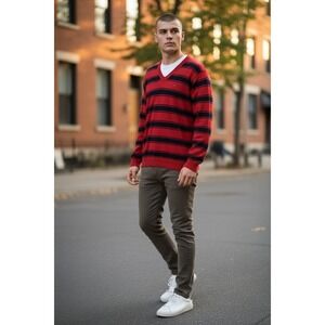 Tommy Hilfiger Men's Pima Cotton V-Neck Striped Sweater Red Navy Blue XL